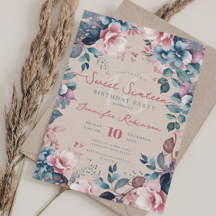 Invitación Bonito Boho Blue Garden Floral Sweet 16 Champagne