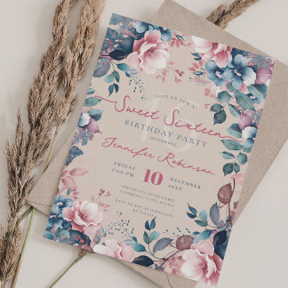 Invitación Bonito Boho Blue Garden Floral Sweet 16 Champagne