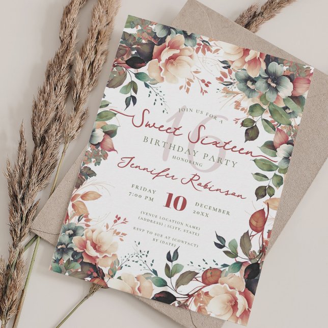 Invitación Bonito Boho Garden Floral Sweet 16 Fiesta (Pretty Boho Garden Floral Sweet 16 Party Invitation)