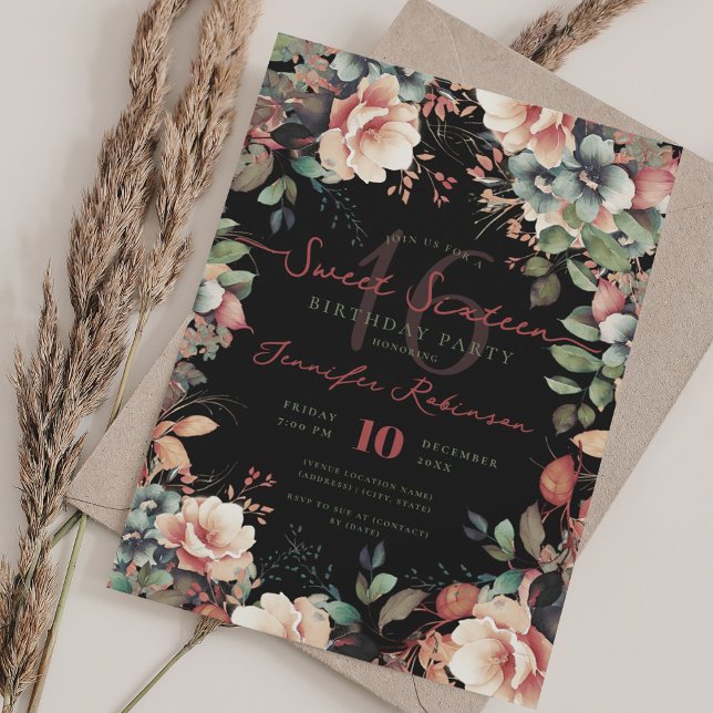 Invitación Bonito Boho Garden Floral Sweet 16 Negro (Pretty Boho Garden Floral Sweet 16 Black Invitation)