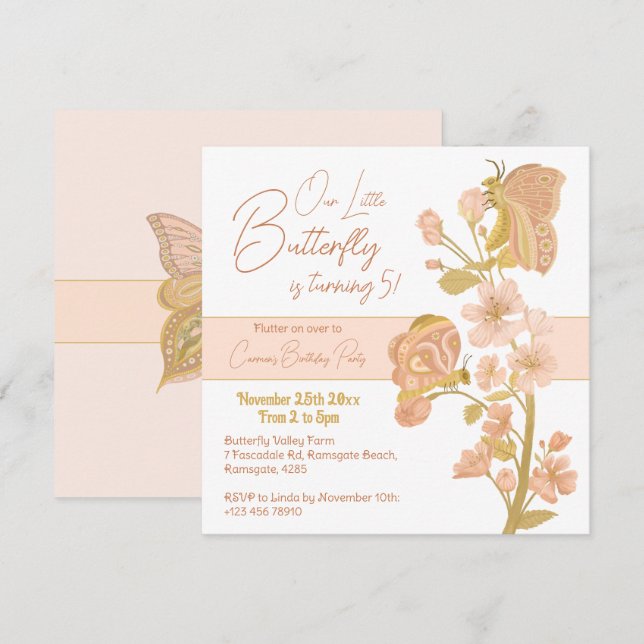 Invitación Bonito Boho Rosado Butterfly Cumpleaños Party Kids (Anverso / Reverso)