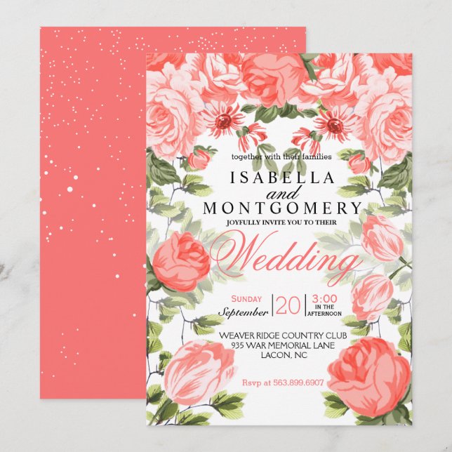 Invitación Bonito botánico Boda Coral Floral (Anverso / Reverso)