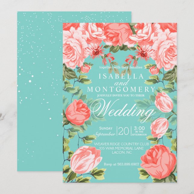 Invitación Bonito botánico Verde azulado y Boda Coral Floral (Anverso / Reverso)