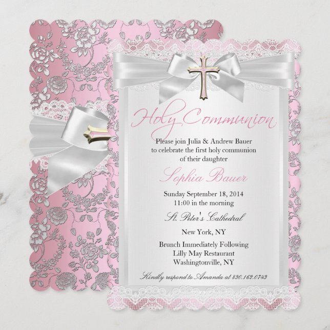 Invitación Bonito Bow Cross First Communition Pink (Anverso / Reverso)