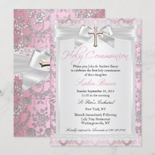 Invitación Bonito Bow Cross First Communition Pink