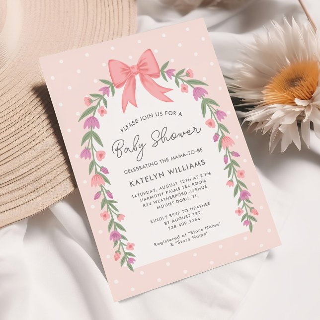 Invitación Bonito Bow Floral Baby Shower Pink (Subido por el creador)