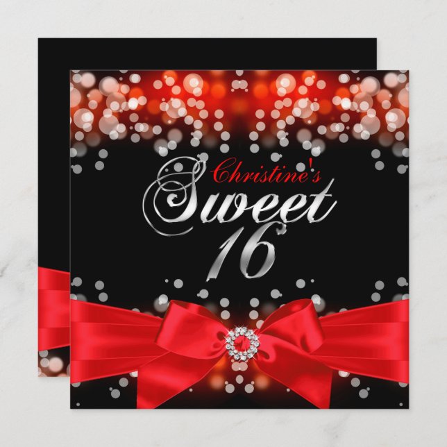 Invitación Bonito Bow Rojo y Sparkle Dulce Dieciséis Invitaci (Anverso / Reverso)
