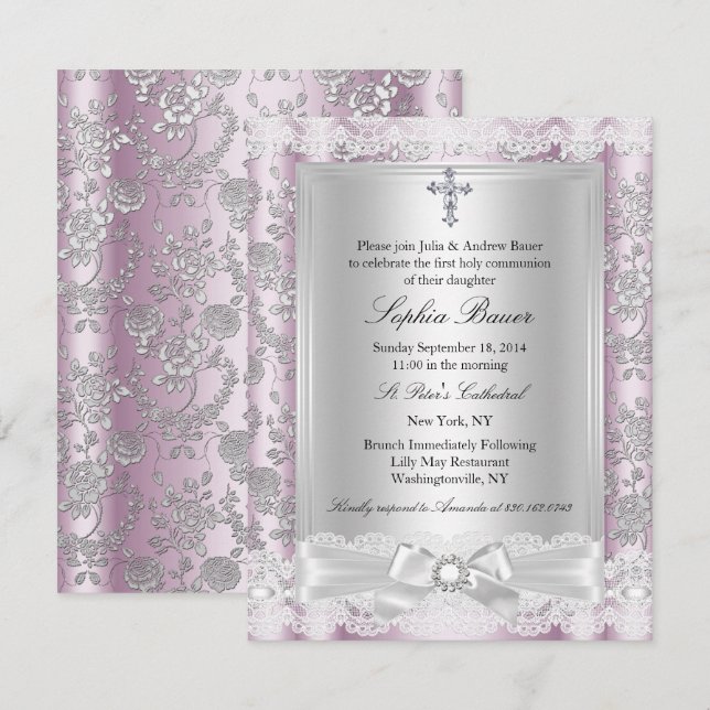 Invitación Bonito Bow rosa Santa Comunión 3 (Anverso / Reverso)