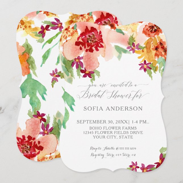 Invitación Bonito Bridal Shower Cae Floral Acuarela Moderna (Anverso / Reverso)