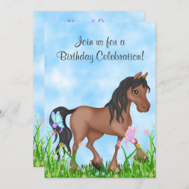 Invitación Bonito Brown Horse and Butterflies Cumpleaños