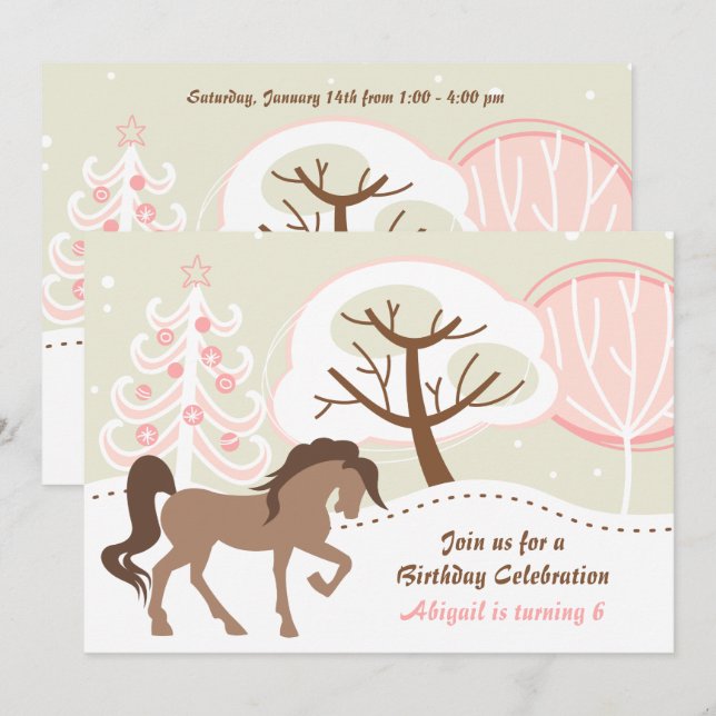 Invitación Bonito Brown Horse Pink Winthday (Anverso / Reverso)
