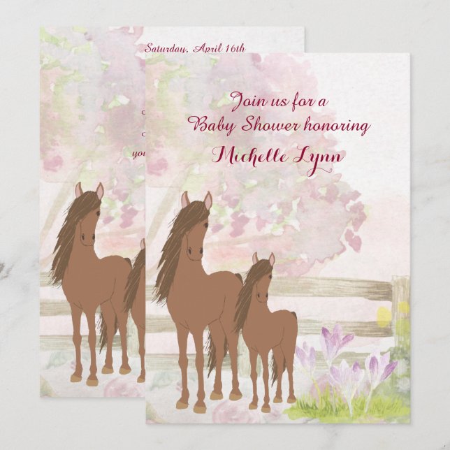 Invitación Bonito Brown Horses and Flowers Invitan a Baby Sho (Anverso / Reverso)