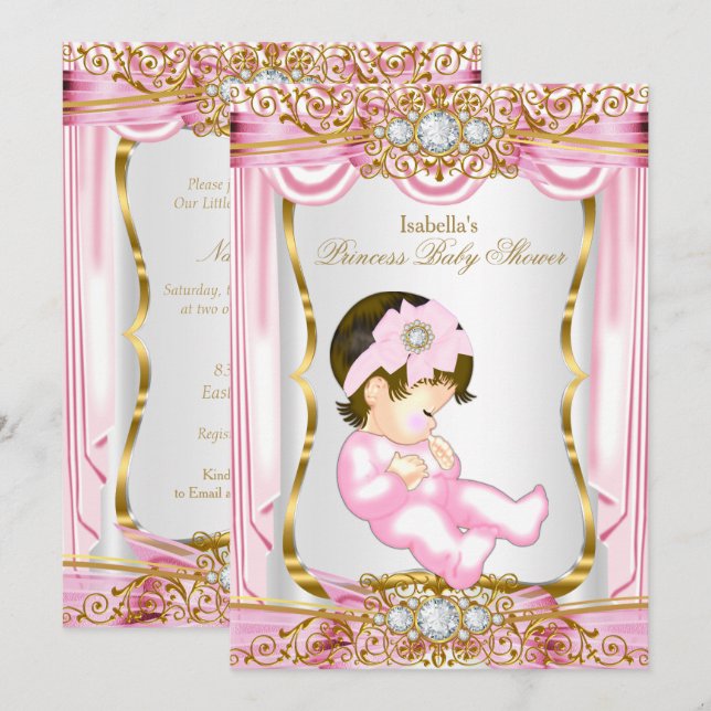 Invitación Bonito Brunette Princess Baby Shower Seda rosa (Anverso / Reverso)