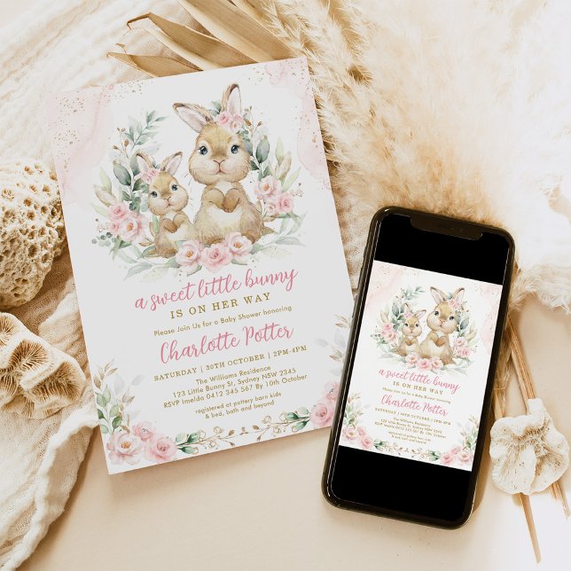Invitación Bonito Bunny Floral Rosa Eucalyptus Baby Shower (Subido por el creador)