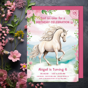 Invitación Bonito Caballo Blanco y Flores Rosadas Cumpleaños