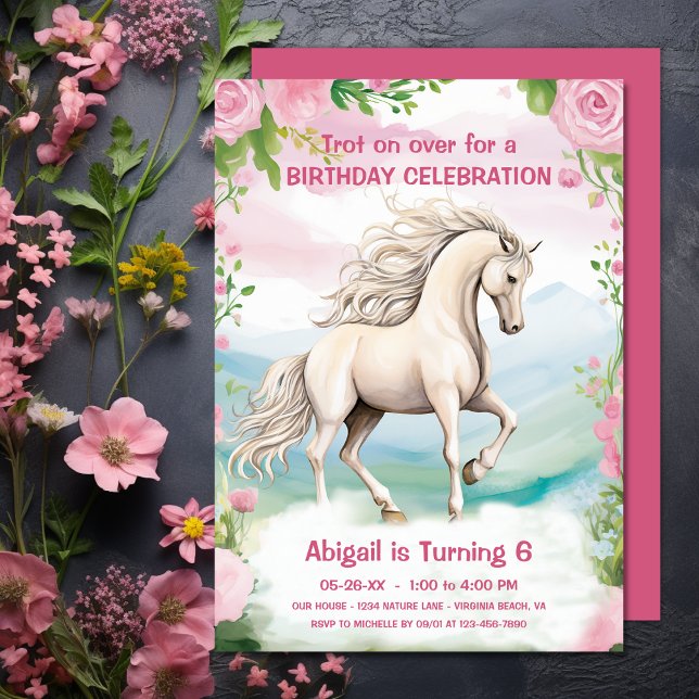 Invitación Bonito Caballo Blanco y Flores Rosadas Cumpleaños (Pretty White Horse and Pink Flowers Birthday Invitation)