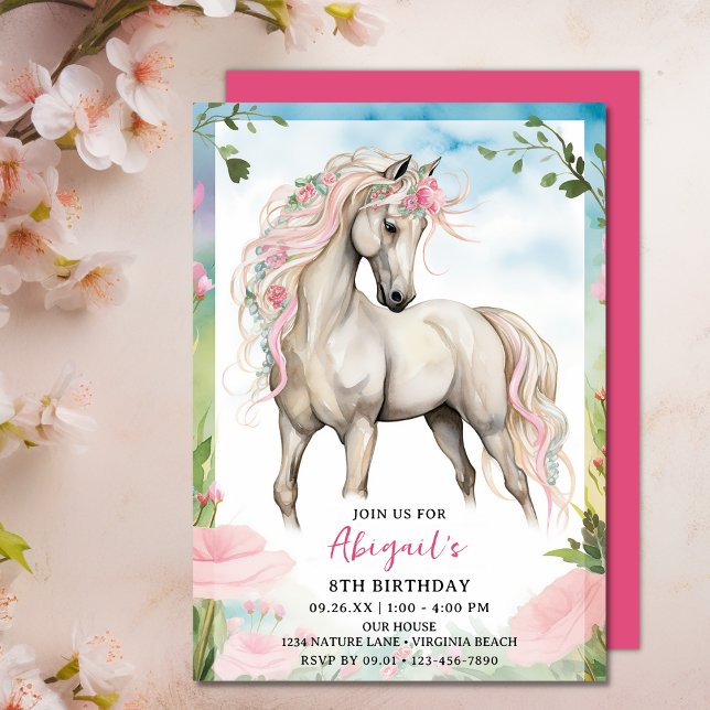 Invitación Bonito Caballo Blanco y Flores Rosadas Cumpleaños (Pretty White Horse and Pink Flowers Birthday Invitation)