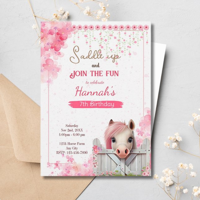 Invitación Bonito Caballo Cumpleaños Granja Floral Rosa Ecues (Subido por el creador)