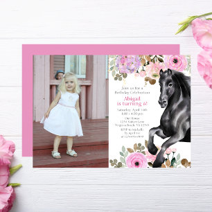 Invitación Bonito Caballo Negro y Flores Rosa Foto Cumpleaños