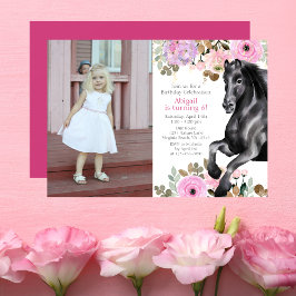 Invitación Bonito Caballo Negro y Flores Rosa Foto Cumpleaños