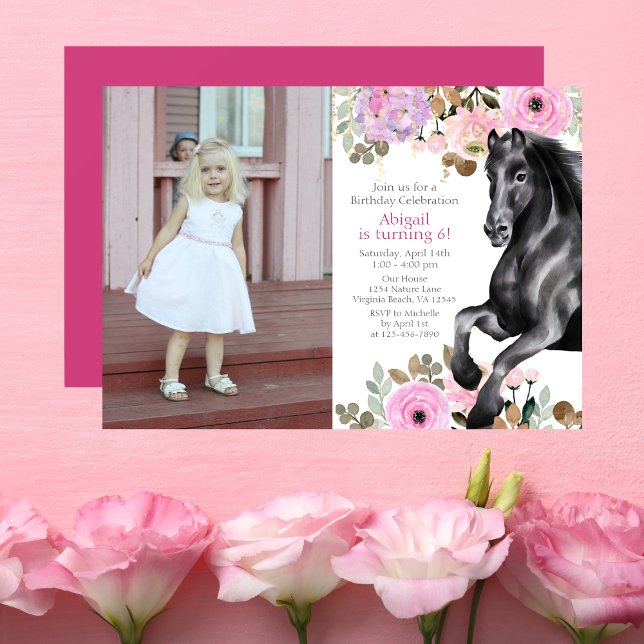 Invitación Bonito Caballo Negro y Flores Rosa Foto Cumpleaños (Subido por el creador)