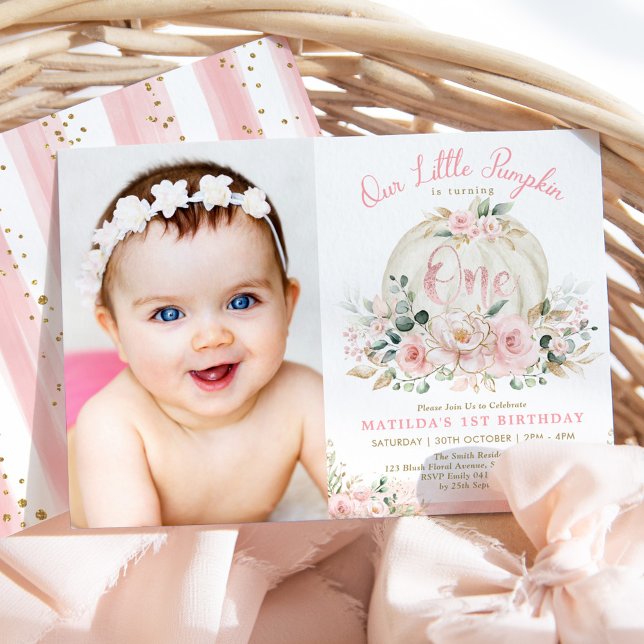 Invitación Bonito Calabaza Rubor Rosa Gold Floral Primer cump (Subido por el creador)