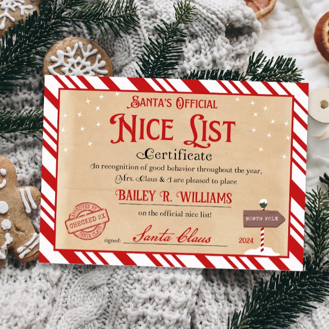 Invitación Bonito certificado de Santa Aprobado dos veces (Official Nice List Certificate Santa Claus North Pole letter instant download printable)