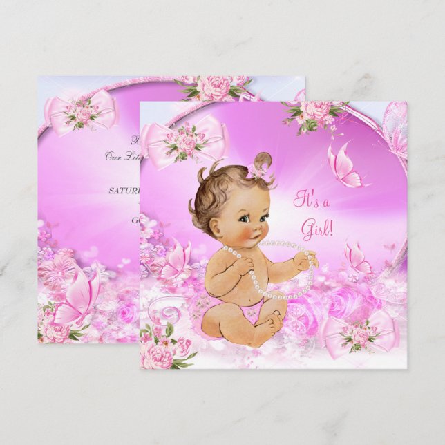 Invitación Bonito Chica Baby Shower Morillo de mariposa rosa  (Anverso / Reverso)