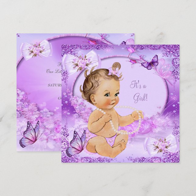 Invitación Bonito Chica Baby Shower Morple Butterfly Brunette (Anverso / Reverso)