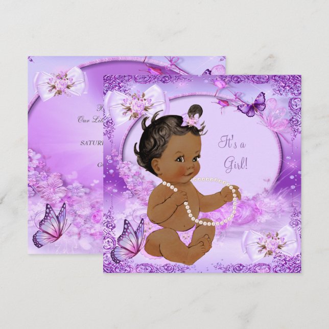 Invitación Bonito Chica Baby Shower Morple Butterfly Ethnic (Anverso / Reverso)