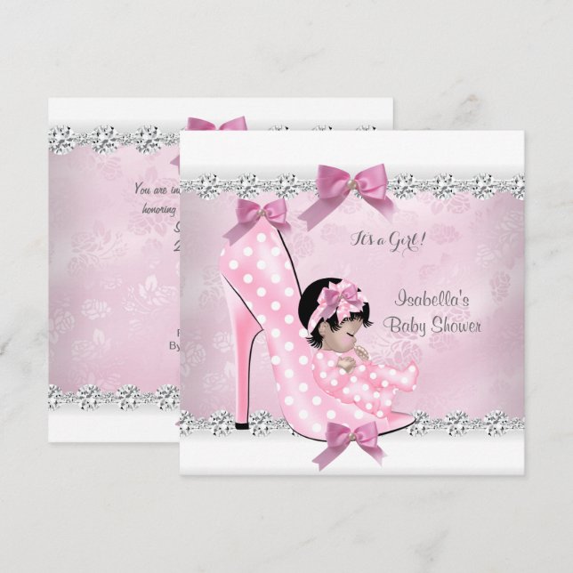Invitación Bonito Chica Baby Shower Rosa Diamante Talón alto  (Anverso / Reverso)