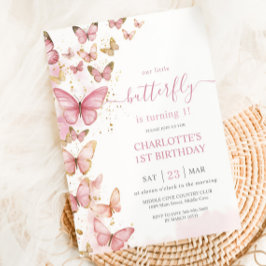 Invitación Bonito Chica de mariposas rosadas Primer cumpleaño