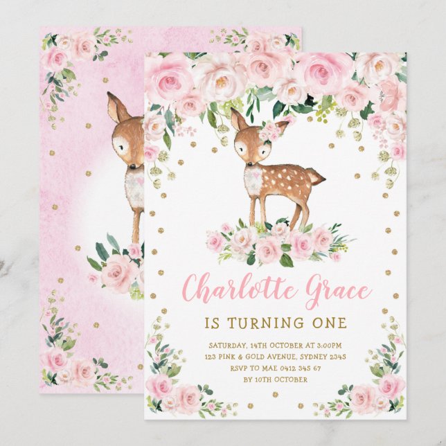 Invitación Bonito Chica de venados de flores rosadas Primer F (Anverso / Reverso)