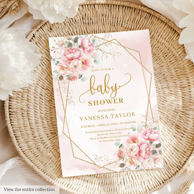 Invitación Bonito chica floral rosa y dorado con ducha de beb (Lovely blush pink and gold floral girl baby shower Invitation)
