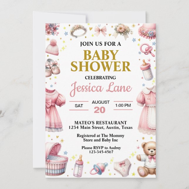 Invitación Bonito Chica rosa Baby Shower (Anverso)