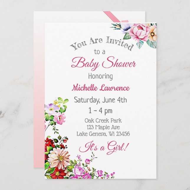 Invitación Bonito Chica rosa floral Baby Shower (Anverso / Reverso)