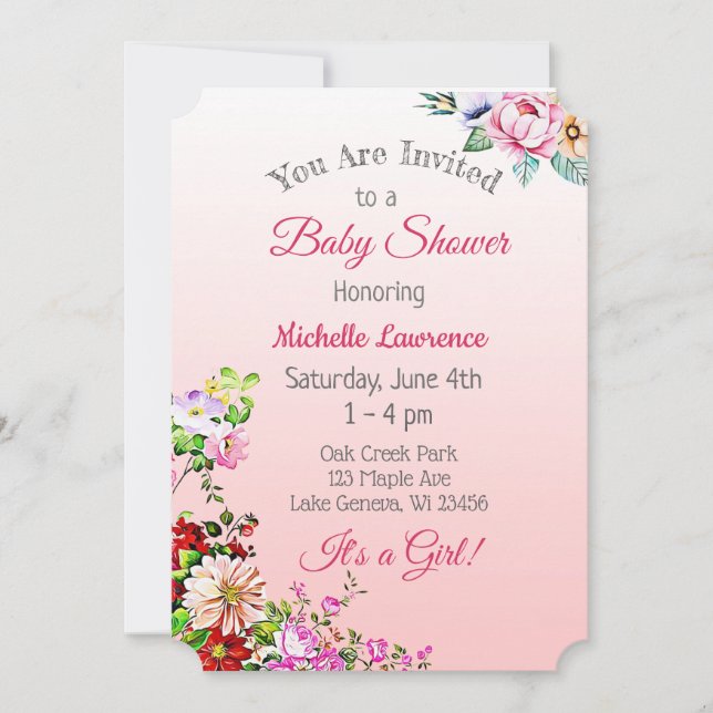 Invitación Bonito Chica rosa floral Baby Shower (Anverso)