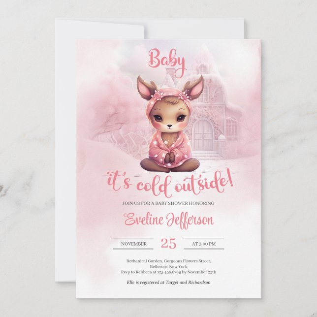 Invitación Bonito chica venado invierno Baby Shower (Anverso)