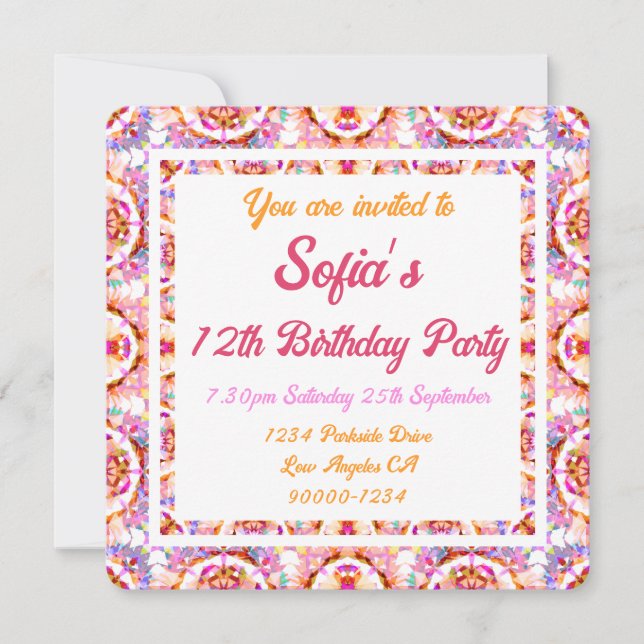 Invitación Bonito chica Verano Pink Verde Púrpura Cumpleaños (Anverso)