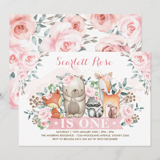 Invitación Bonito Chica Woodland Primer cumpleaños Floral ros (Anverso / Reverso)