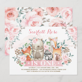 Invitación Bonito Chica Woodland Primer cumpleaños Floral ros