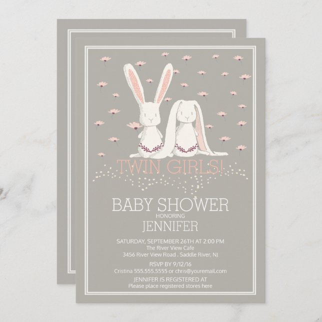 Invitación Bonito Chicas de TWIN rosado Bunny Baby Shower (Anverso / Reverso)
