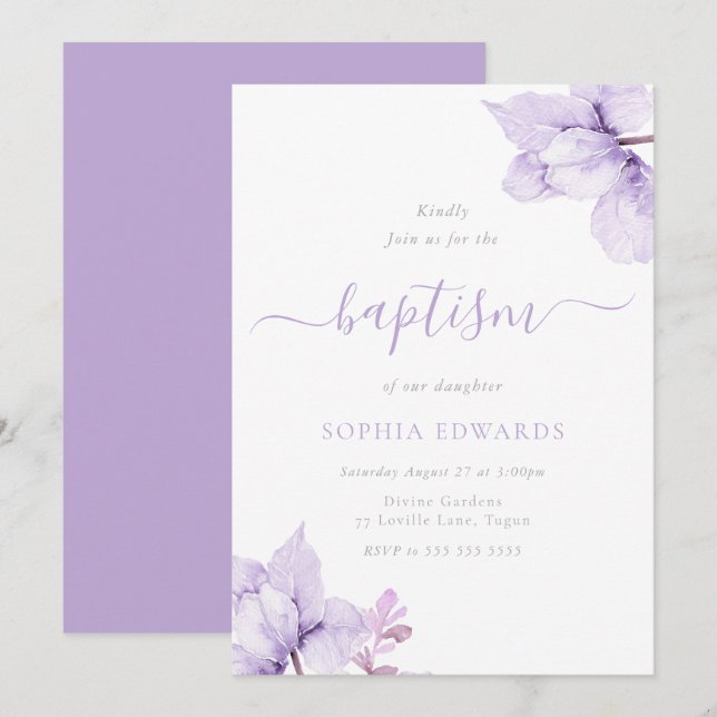 Invitación Bonito Chicas morados florales bautismo (Anverso / Reverso)