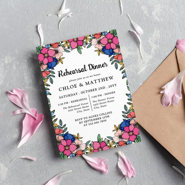 Invitación Bonito Colorida Flores Rosa Ensayo Cena (Subido por el creador)