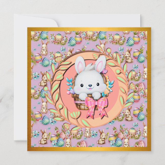 Invitación Bonito conejo de Pascua sentado en la canasta (Anverso)