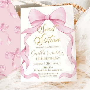 Invitación Bonito Coquette Pink Ribbon Bows Dulce 16 Cumpleañ