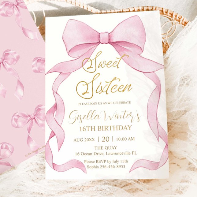 Invitación Bonito Coquette Pink Ribbon Bows Dulce 16 Cumpleañ (Subido por el creador)