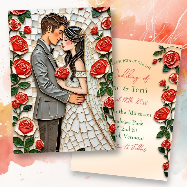 Invitación Bonito Coral Rosas Mosaic Sr. y Sra. Boda (Subido por el creador)