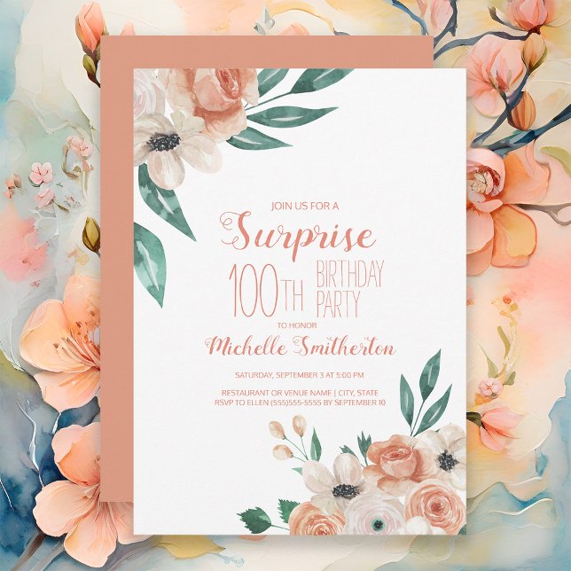 Invitación Bonito Crema Floral 100 cumpleaños (Elegant peach watercolor floral surprise 100th birthday party invitation for women.)