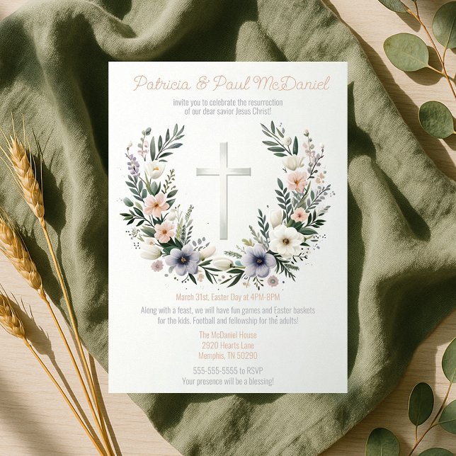 Invitación Bonito Cristianismo floral cruza Fiesta de Pascua (Pretty Floral Christianity Cross Easter Party Invitation
)